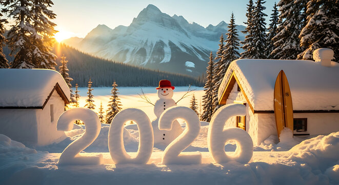 Snowman and 2026 numbers in snowy mountain landscape 4 - Powered by Adobe