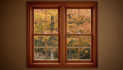 Fototapeta premium Double glazed wooden window frame in a residence during autumn, showcasing seasonal change