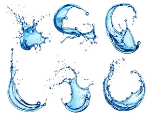 Six vibrant, transparent splashes of water in various dynamic forms, against a stark white background. They showcase frozen motion