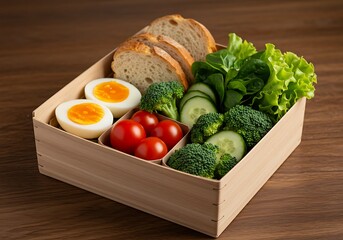 Healthy Bento Box Lunch with Eggs Broccoli Tomatoes and Bread.