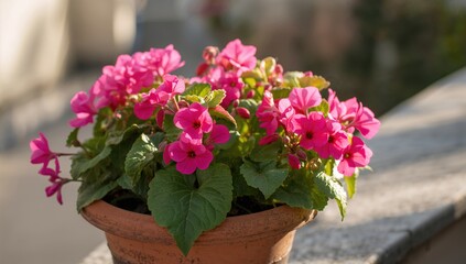 Bright pink geranium blooms basking in sunlight outdoors