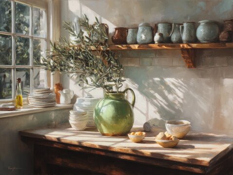 A green vase with a plant in it sits on a table. There are several bowls and plates on the table