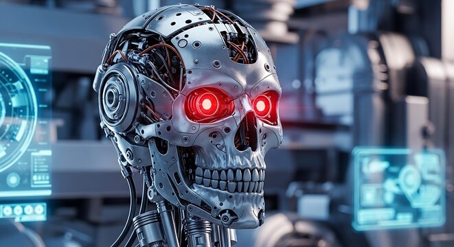 Terminator Robot Head with Glowing Red Eyes in Futuristic Setting.