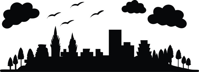 A stark black silhouette of a city skyline, featuring various buildings, trees, birds in flight, and fluffy clouds against a white background.