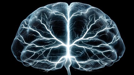 Abstract glowing brain illustration with electric lines on black background depicting neural connections and cognitive processes
