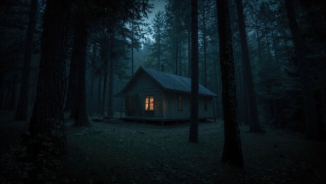A residence nestled in a shadowy forest, isolation theme