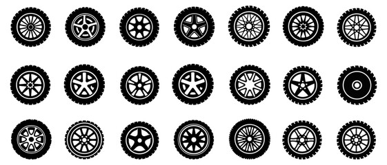 Various black and white car wheel and sports rim icons, isolated on white.