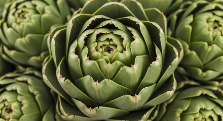 Obraz premium Detailed view of fresh artichokes, showcasing a sharp-focused central artichoke with vibrant green leaves and soft background artichokes.