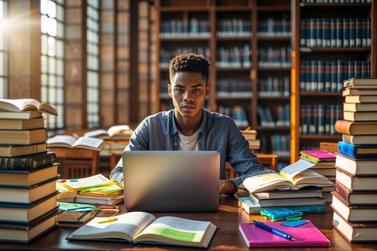 Young man studying in a library with laptop and books