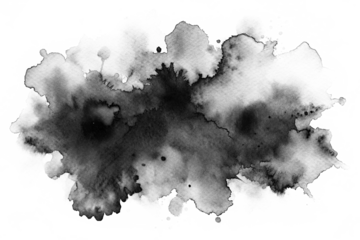 Black watercolor stain isolated on transparent background, abstract blot of paint