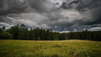 Fototapeta premium A meadow bordering a forest under a dramatic, stormy sky, highlighting erosion risk