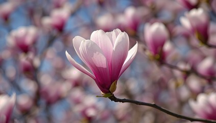 Obraz premium Magnolia blossoms opening against a soft backdrop. Concept of springtime renewal.