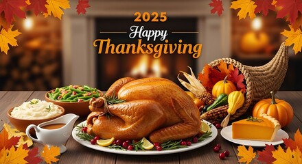 Happy Thanksgiving 2025: Festive Turkey Dinner with Autumn Decor, Pumpkins, and Pie