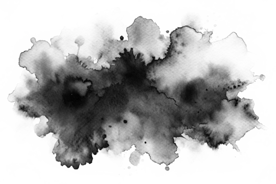 Black watercolor stain isolated on transparent background, abstract blot of paint