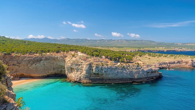 Idyllic coastal landscape featuring wooden cliffs, showcasing the beauty of summer travel and nature