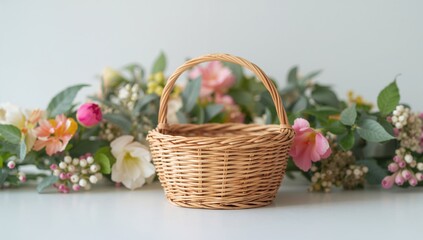 A small wicker basket filled with flowers, ideal for gift-giving, spring theme