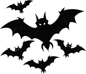 Dark night sky with glowing eyes of many bats flying in silhouette against the blackness