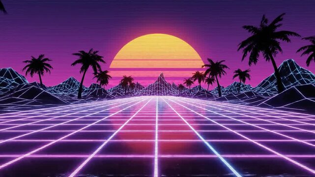 A Stunning Retro Futuristic Landscape Featuring Palm Trees, a Vibrant Sun, and Geometric Mountains Highlighted by Neon Colors and a Grid Perspective