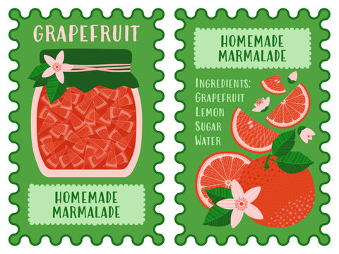 Vector grapefruit marmalade label design in flat style. Includes jar with fruit pieces, citrus slices, leaves, and ingredients list. Perfect for homemade jam packaging, kitchen decor, or recipe cards.