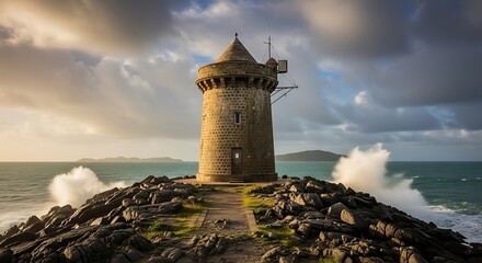 Historic Lighthouse on Rocky Coastline with Crashing Waves and Dramatic Sky.