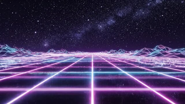 A Futuristic Neon Landscape: Exploring a Vivid Grid Under a Starry Night Sky, Radiating with Vibrant Colors, Invoking a Sense of Adventure and Innovation