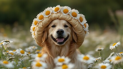 Golden Retriever Dog with Daisy Crown Smiling in a Meadow with Summer Sunshine.