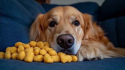 Golden Retriever dog with puppy snacks Resting on blue couch Home interior Closeup.
