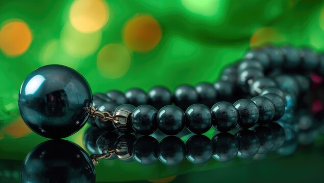 Closeup of an abstract black pearl necklace, vibrant colors and light, decorative element for festive celebrations
