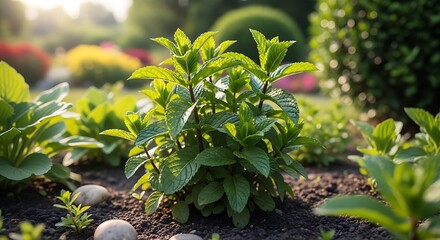 Lush green plant growing in a sunny garden bed with morning light.