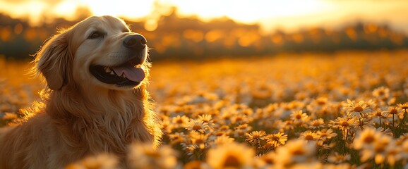 Golden Retriever enjoys sunset in flower field with happy dog portrait, nature, and golden hour.