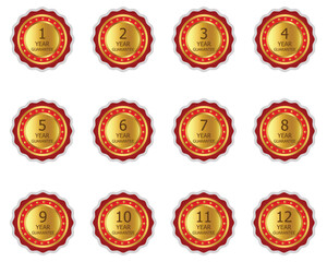 Premium Gold and Red Guarantee Badges Set (1 to 12 Years Warranty Icons)