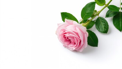 Fototapeta premium Isolated rose flower with leaves on a white backdrop, suitable for editorial use