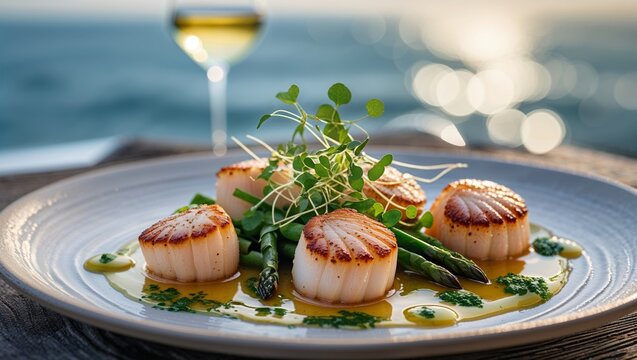 Seared scallops with asparagus and microgreens on a plate, fine dining