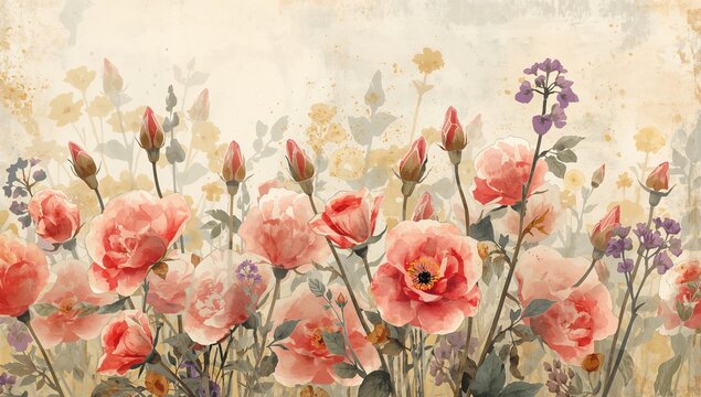 Fototapeta Watercolor floral artwork featuring soft roses, ideal for background design and layout