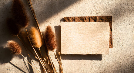 Warm sunlight illuminates a textured paper square next to dried grass stalks