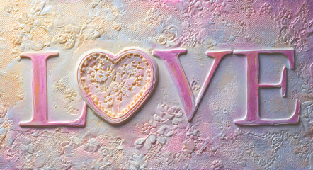 Romantic textured background with the word love in pink letters and a heart shape