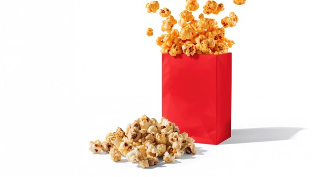 Red bag spilling caramel popcorn on a white backdrop, close-up of mushroom popcorn with clipping path