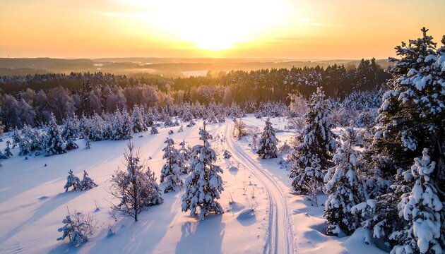 Snowy forest landscape at golden hour with trees covered in snow and ski tracks stretching into the sunset