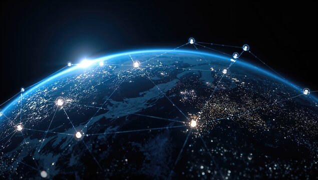 Global telecommunication network interlinked across the planet, focus on internet and worldwide communication technology