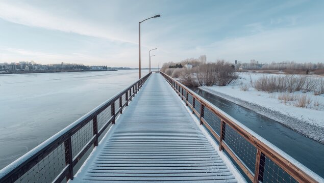 Frozen pier along the riverbank during winter, highlighting erosion risk