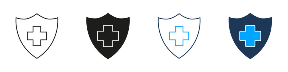 Shield With Medical Cross Line And Solid Icon Set. Healthcare Protection And Medical Safety Symbol Collection. Security And Health Assurance. Isolated Vector Illustration