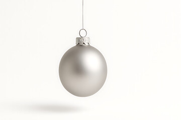 A single matte silver oval christmas ornament hanging from a thin string isolated on white background isolated on transparent background