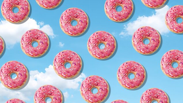 Donuts with pink glaze and colorful sprinkles against a blue sky backdrop, ideal for fabric or wallpaper design