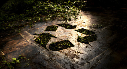 Recycling symbol made of natural elements in a dark forest setting with spotlight