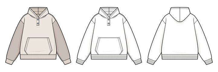 Colorblock Button-Neck Hoodie Technical Fashion Illustration. Unisex Pullover Sweatshirt Vector Template. Kangaroo Pocket. Ribbed Cuffs and Hem. Front and Back View. Casual Streetwear CAD Mockup Set.