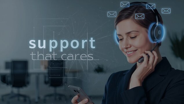 Caring customer support representative with headset providing assistance and solutions, fostering trust and connection with empathetic service and communication