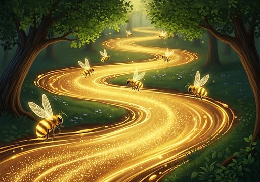 Magical forest path with glowing honey and bees flying