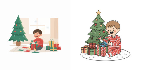 Vector Illustration of Cozy Christmas Celebration Scene — Family, Santa Claus, and Winter Decorations in Minimalist