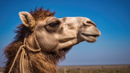 Close-up profile of a camel's head secured with ropes against a clear sky in a natural setting