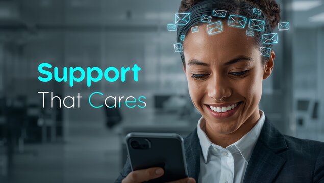 Empathetic customer service with a friendly face, offering support via email and mobile app for modern business solutions and instant communication - Powered by Adobe